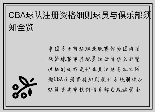 CBA球队注册资格细则球员与俱乐部须知全览