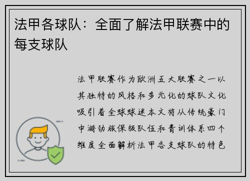 法甲各球队：全面了解法甲联赛中的每支球队